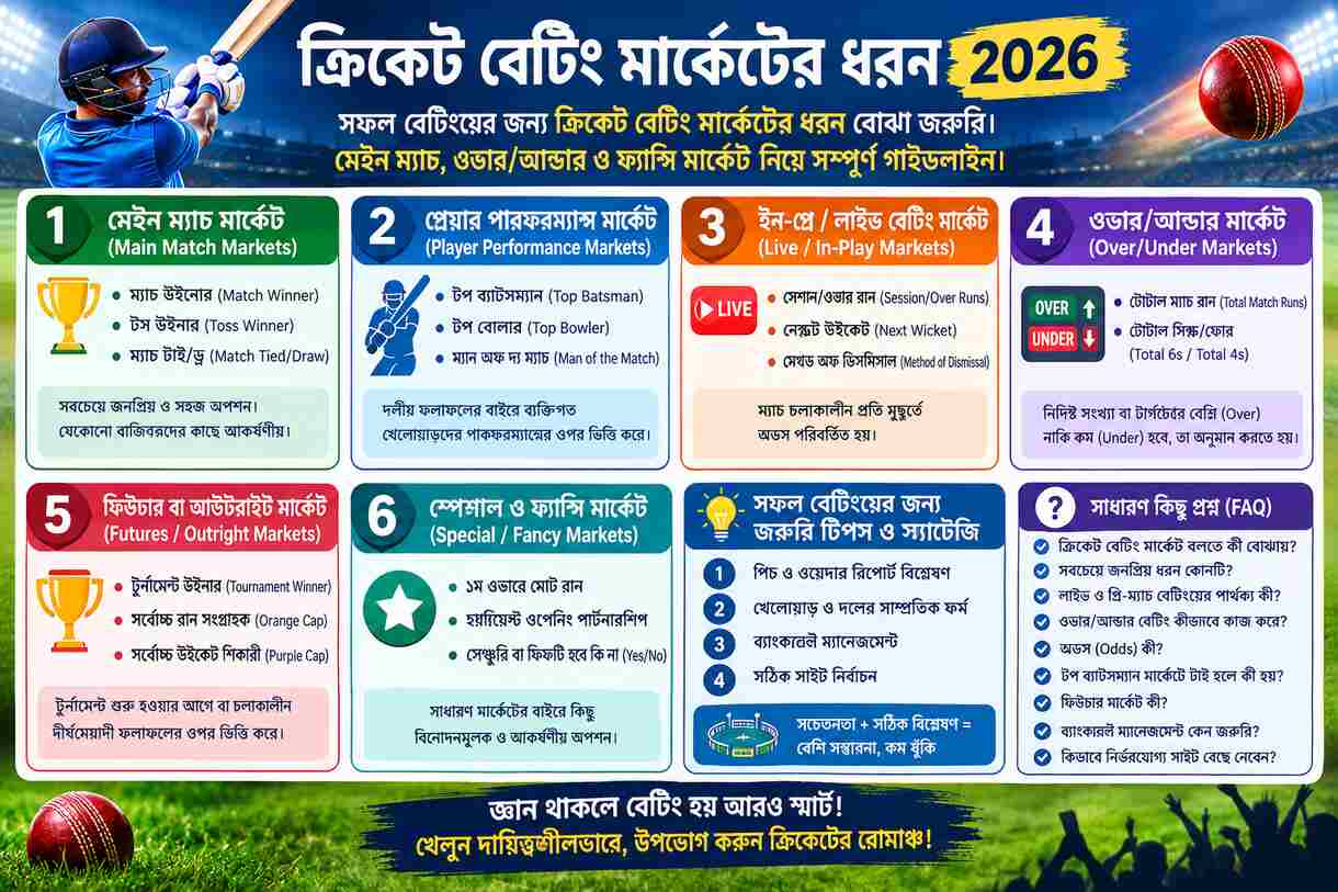 ক্রিকেট বেটিং মার্কেটের ধরন 2026